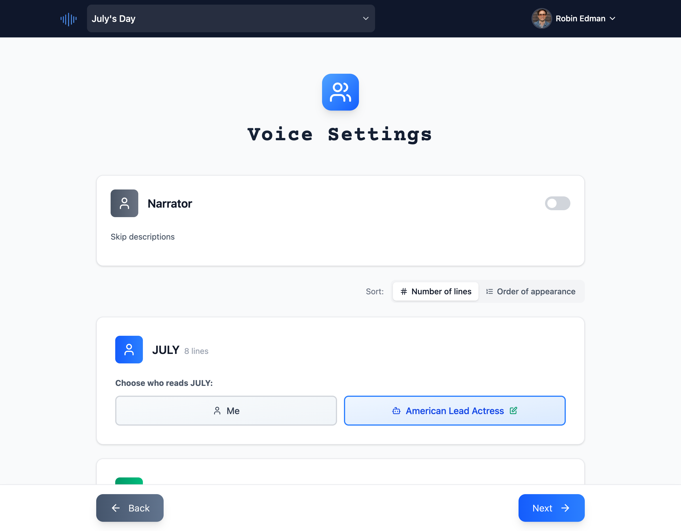 Voice settings interface for configuring AI voices for characters